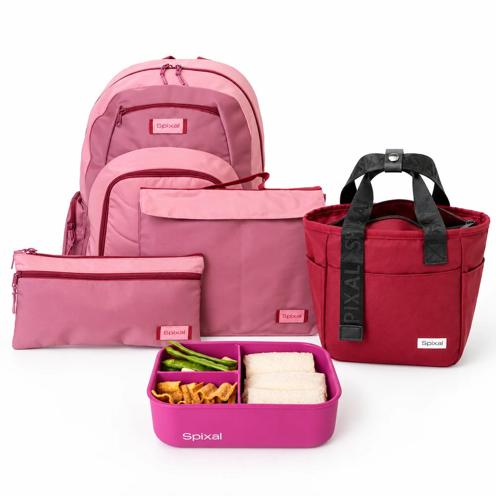 Pink Axis school bag and lunch box bundle: backpack, library bag, pencil case, red lunch tote and pink silicone bento | Spixal