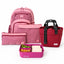 Pink Axis school bag and lunch box bundle: backpack, library bag, pencil case, red lunch tote and pink silicone bento | Spixal