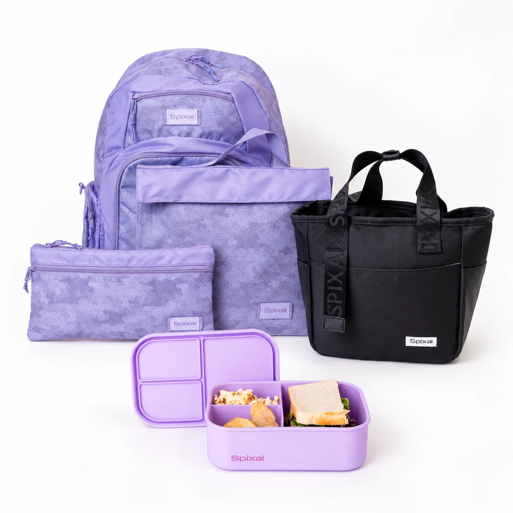 Purple Axis school bag and lunch box bundle: backpack, library bag, pencil case, black lunch tote and purple silicone bento | Spixal