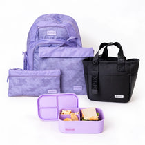 Purple Axis school bag and lunch box bundle: backpack, library bag, pencil case, black lunch tote and purple silicone bento | Spixal