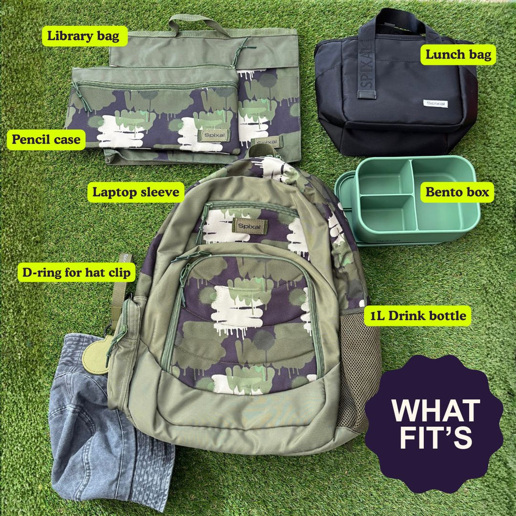 What fits in the camo Axis kids backpack | Spixal