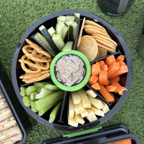 Black Roundie bento with six compartments of crackers, veggies and dip