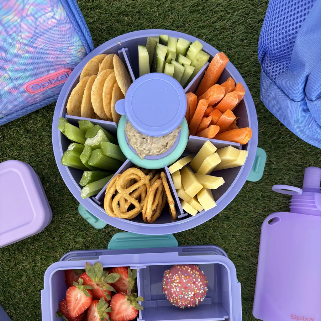 Purple Roundie bento with matching purple lunch box and food pouch