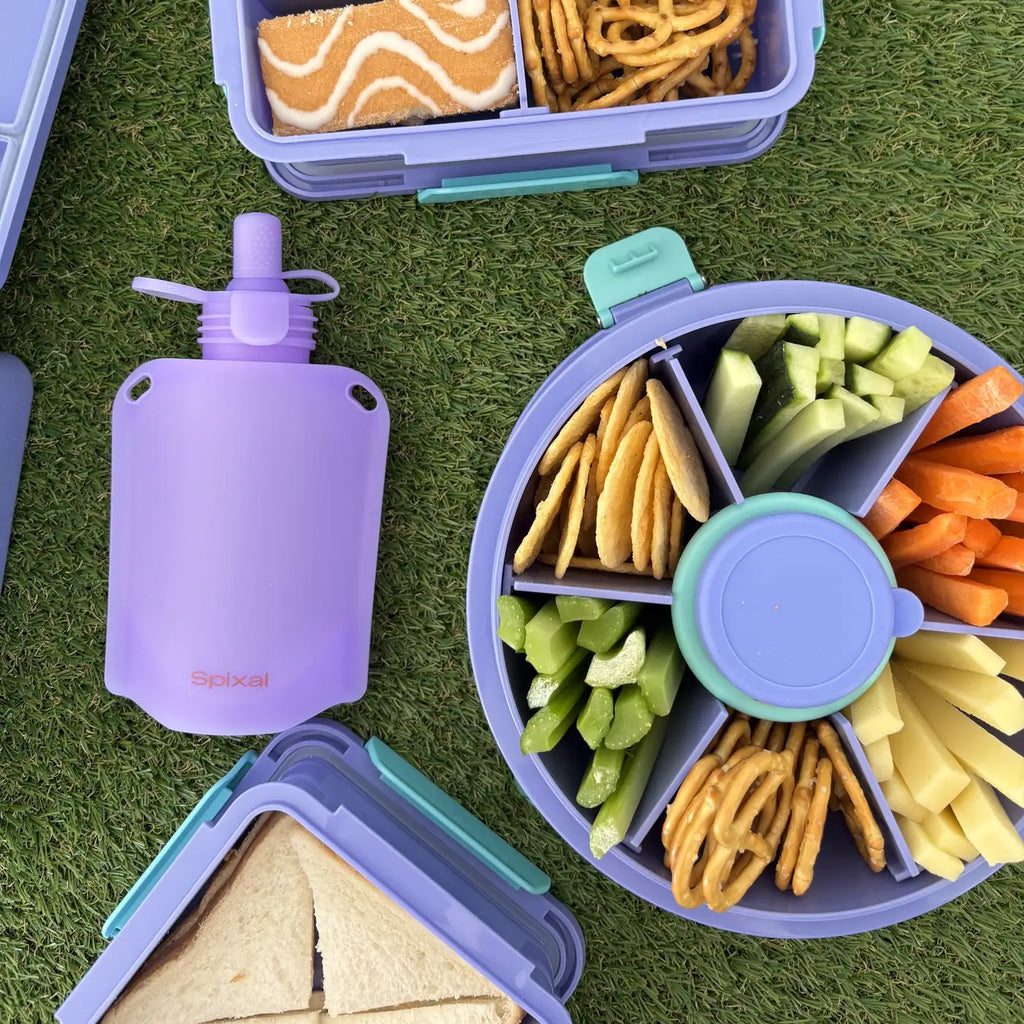 Purple Roundie bento with matching purple pouch and sandwich box