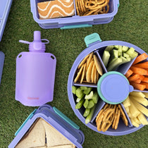 Purple Roundie bento with matching purple pouch and sandwich box