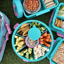 Teal Roundie bento packed for school lunch with matching teal lunch boxes