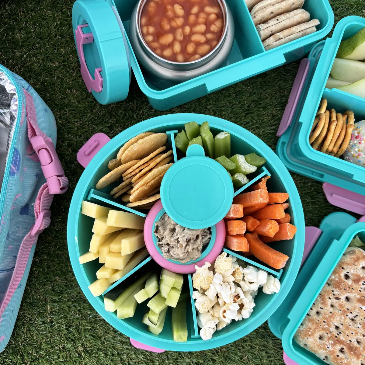 Teal Roundie bento packed for school lunch with matching teal lunch boxes