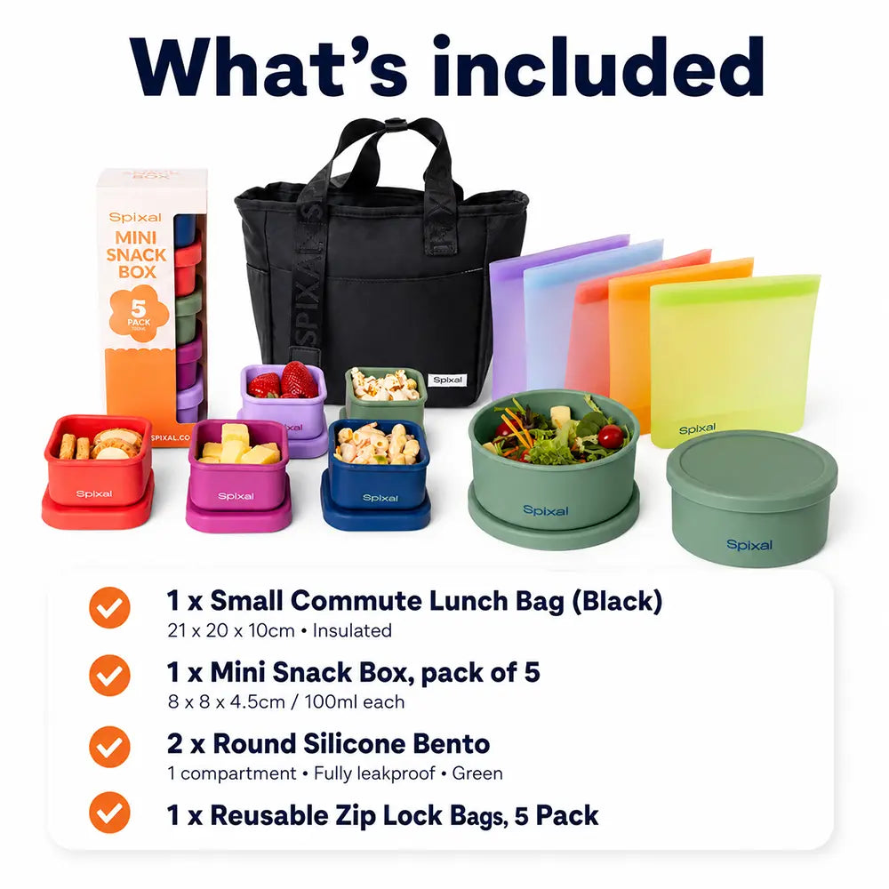 Insulated lunch bag tote bundle for packing lunches for work or school with lunch bag green bento box round lunch bowl and silicone snack containers and reusable zip lock bags Spixal