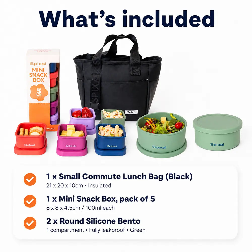 Insulated lunch bag tote bundle for packing lunches for work or school with lunch bag green bento box round lunch bowl and silicone snack containers 