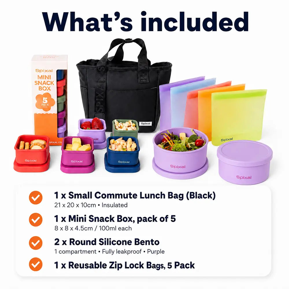 Insulated lunch bag tote bundle for packing lunches for work or school with lunch bag purple bento box round lunch bowl and silicone snack containers and reusable zip lock bags Spixal