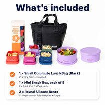 Insulated lunch bag tote bundle for packing lunches for work or school with lunch bag purple bento box round lunch bowl and silicone snack containers 