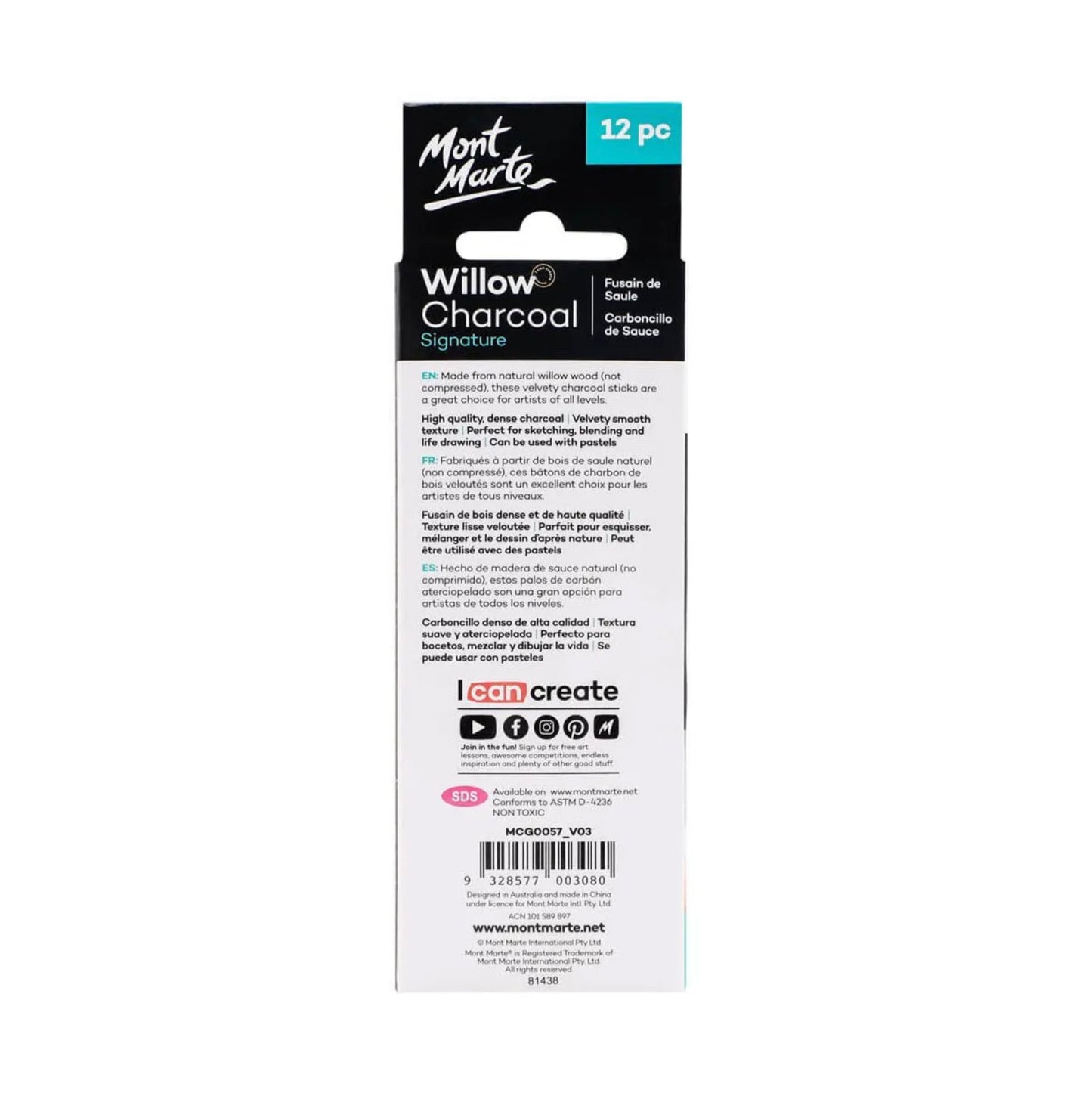 Mont Marte Willow Charcoal 12pc - back view
