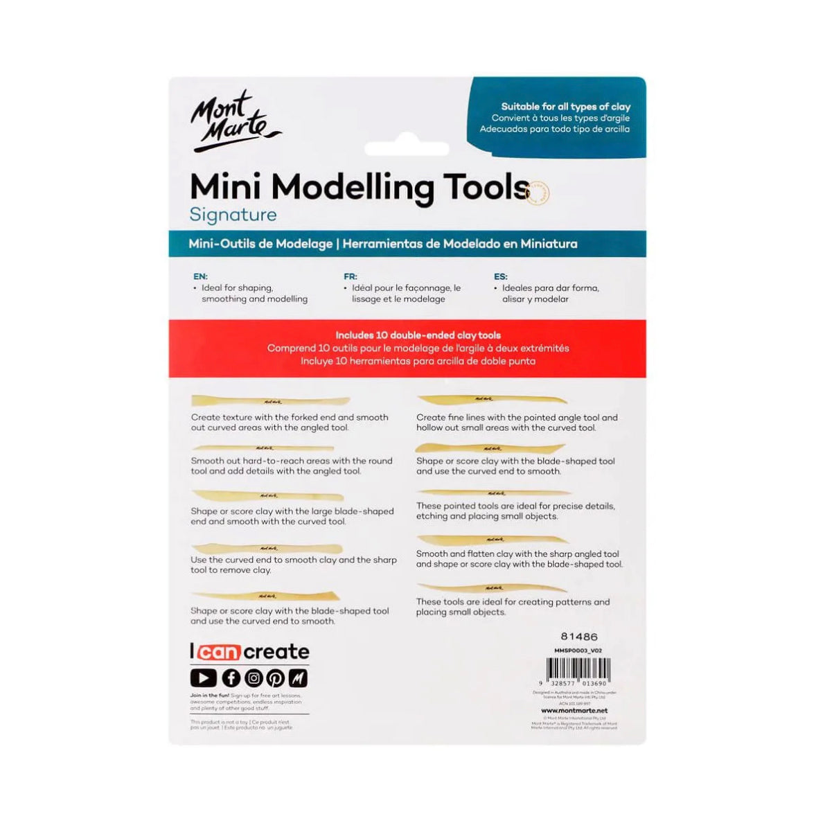 Mont Marte Mini Modelling Clay Tool Boxwood Set- back view