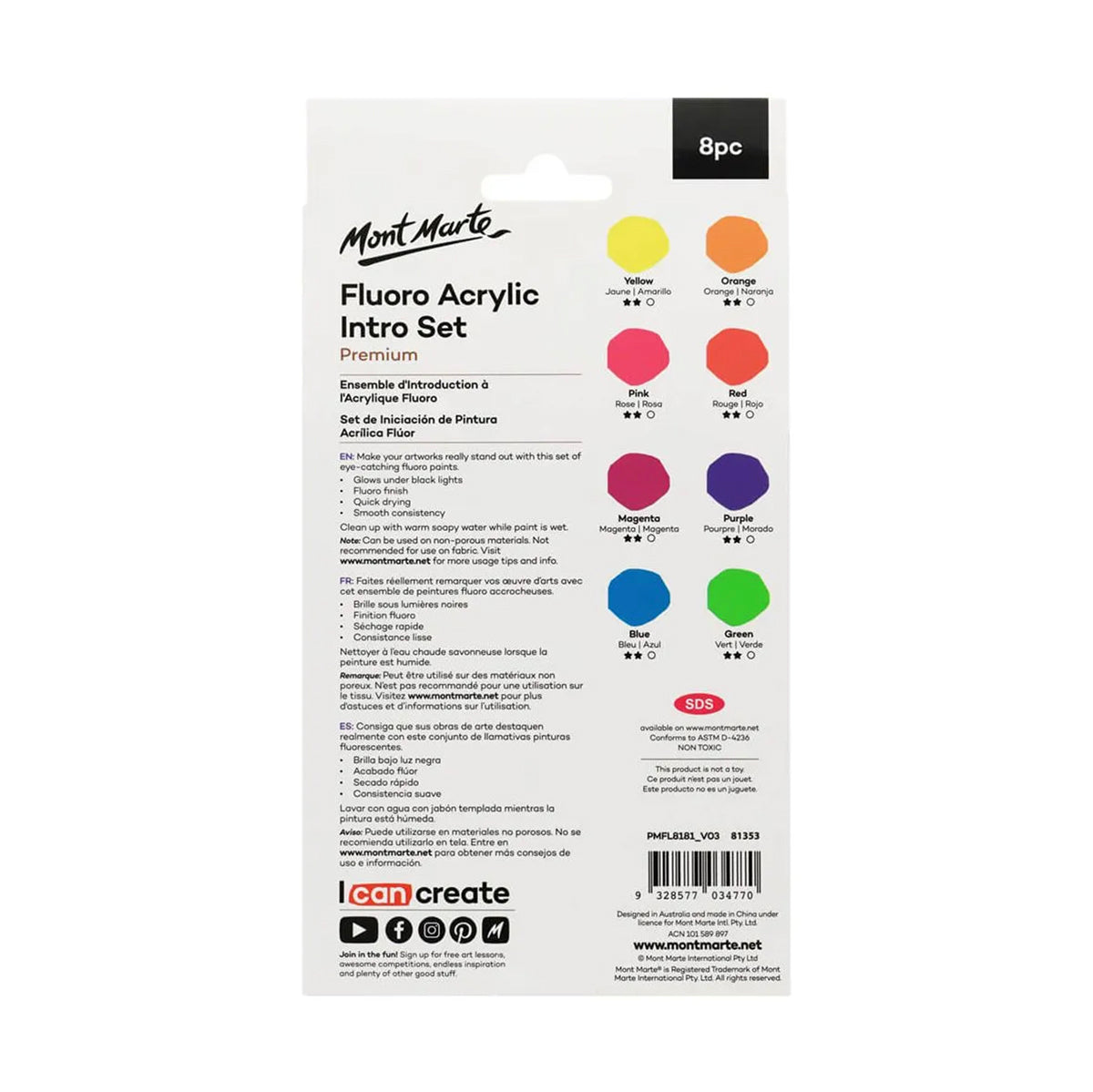 Mont Marte Fluro Acrylic Paint 8pc - back view
