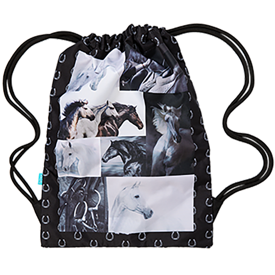 Spencil Big Drawstring Bag Black and White Horses