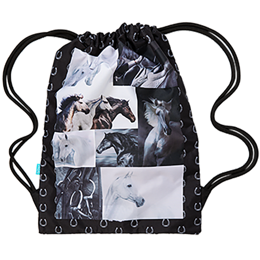 Spencil Big Drawstring Bag Black and White Horses
